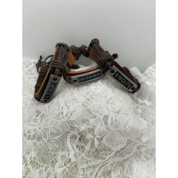 Persevere, Blessing & Hope Front Matte Gray Plaque Leather Style Bracelet Set - - Picture 1 of 8